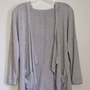 Lightweight jersey knit waterfall lounging cardigan with patch pockets
